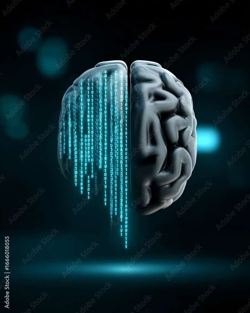 Aufkleber abstract flow of binary code transforming into ai brain hologram, futuristic gradient background, co