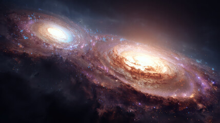 Fototapeta premium Photorealistic scene of two colliding galaxies with vibrant colors and detailed cosmic structures, evoking awe and wonder