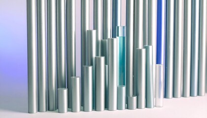 Abstract Composition Of Vertical Metallic Cylinders With Color Gradient And Parallax Haze Displayed On A Modern Neutral Stage