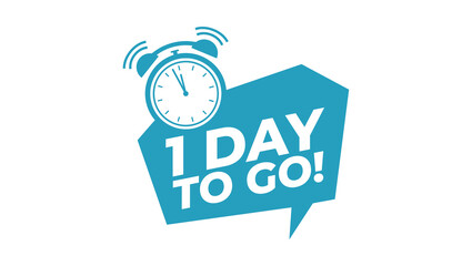 Exciting '1 Day To Go!' countdown message with a ringing alarm clock icon inside a dynamic speech bubble, ideal for event promotion and last-minute announcements
