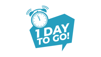 Exciting '1 Day To Go!' countdown message with a ringing alarm clock icon inside a dynamic speech bubble, ideal for event promotion and last-minute announcements