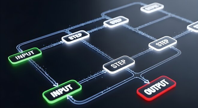A glowing digital flowchart illustrating data input, processing steps, and final output.