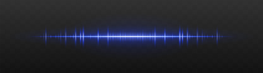 Audio bar. Glowing frequency wave with high intensity peaks and reflection. Suited for UI, music interface, sound visualization, digital signal.