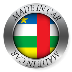 Made in Central African Republic button icon. Circular emblem with metallic border, glossy central flag, and bilingual label indicating product origin and international manufacturing identity.
