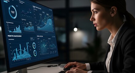 A focused businesswoman analyzes data displayed on a computer monitor, concentrating on charts and graphs.