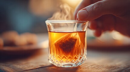 A glass of tea with a tea bag steeping, creating a relaxing morning scene with rising steam.