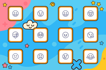 Emotion set icon. Circle face outlines expressing smiles, sadness, winks, anger, love, confusion, tears, laughter, and kisses arranged in clean tiles on abstract background