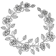 Flowers blooming in a circle hand drawn for adult coloring book