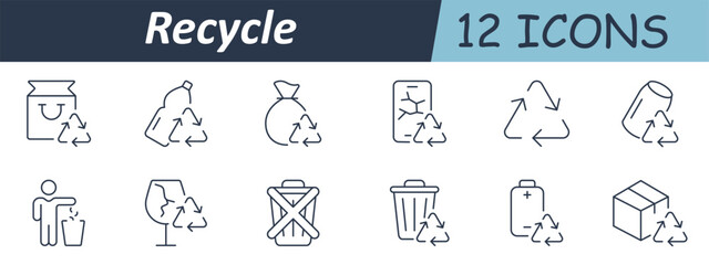 Recycle set icon. Trash bin, reused material, broken glass, plastic bottle, paper pack, recycling triangle, separate collection, green disposal, container mark, and waste category label