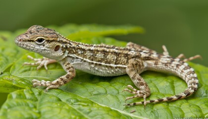 Fototapeta premium A camouflaged lizard blending seamlessly with a leaf in a lush rainforest environment