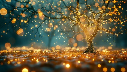 Majestic luminescent tree with radiant branches in an enchanting dreamlike forest