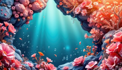 soft coral reef theme with peach orange with turquoise, seamless glowing aqua fade, tiny bubble sparkles, layered watery depth, soft and inviting