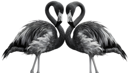 Monochrome flamingos, necks entwined, against black, romantic, wildlife