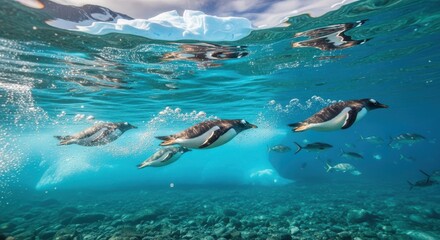 Obraz premium Gentoo Penguins Swimming Underwater in Antarctica with Iceberg Scenery