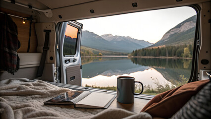 Obraz premium Van life campervan conversion interior design with lake view travel and adventure lifestyle concept