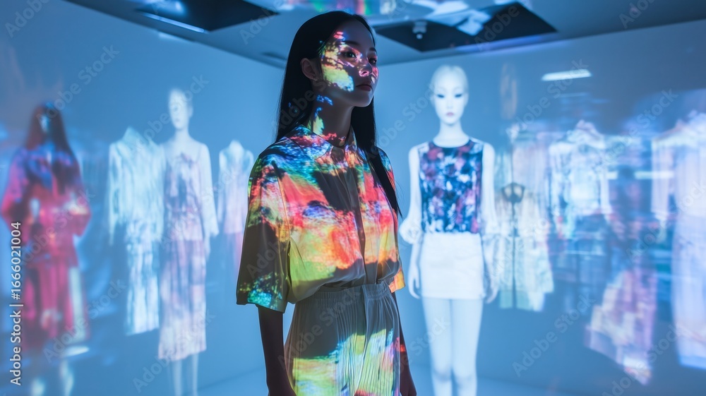 Poster artistic display of fashion projections on model in modern gallery setting