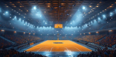 Basketball arena with bright lights and cheering crowd during game stadium court