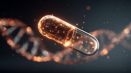 Floating capsule with glowing DNA double helix spiraling around it.