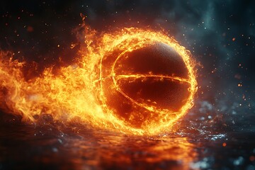 Basketball engulfed in bright orange flames splashing through dark water fire burning
