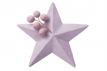 Purple felt star adorned with pink berries, hanging against transparent backdrop for festive crafting season