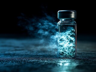Medicine vial glowing with cold blue energy mist inside.