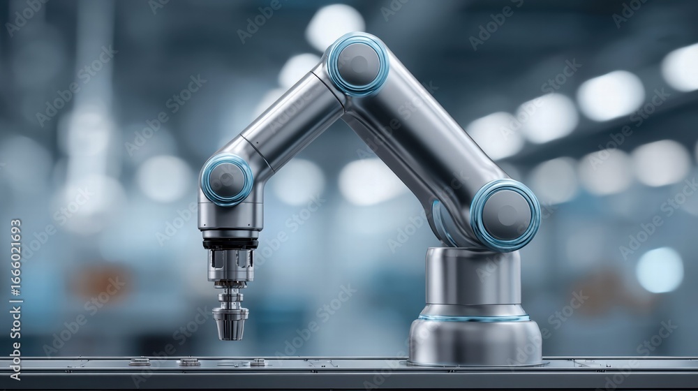 Poster this image depicts a robotic arm, symbolizing automation in a factory setting, with a futuristic amb
