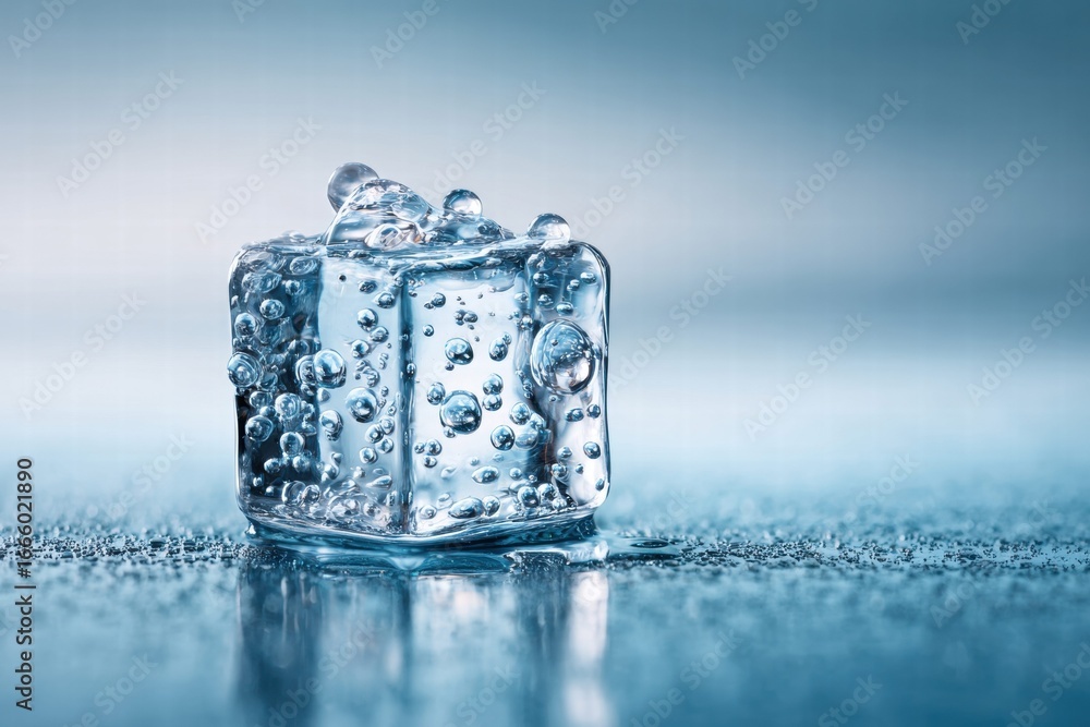 Poster close-up of a clear ice cube filled with bubbles, melting on a wet surface.