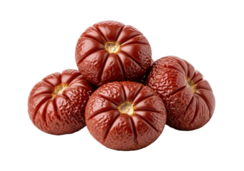 Deep maroon, shriveled heirloom tomatoes with intricate wrinkles in a small pile, transparent background, abundant copy space, soft studio light. Concept of natural preservation