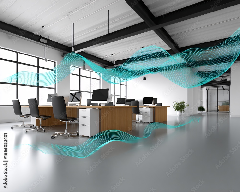 Poster modern office with holographic charts floating above desk, ai and data visualization concept, clean 