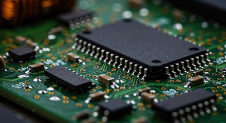 Obraz premium Close-Up Macro Photography of a Microchip on a Green Circuit Board, Vital for Understanding Electronic Components and Technological Innovations in the Semiconductor Industry.