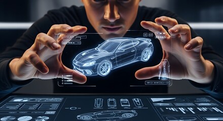 A focused individual examines a holographic car design, manipulating the projected image with hands.