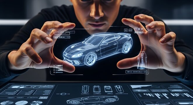 A focused individual examines a holographic car design, manipulating the projected image with hands.