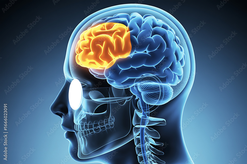 Poster 3d illustration of human brain with frontal lobe highlighted depicting executive function attention 