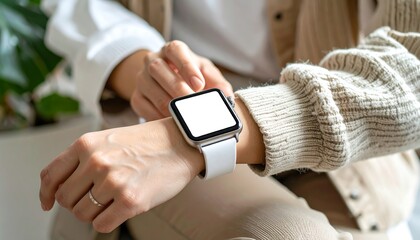 Woman checks her modern smartwatch with blank screen for customization, highlighting technology and lifestyle.