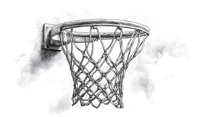 Black and white sketch of a basketball hoop and net on a textured background sport game