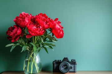 Fototapeta premium Vase of red peonies with camera on coffee table near green wall 