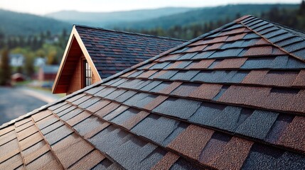 Detailed view of a house roof showcasing brown and grey shingles in a natural setting with mountains in the background.