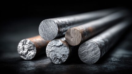 A close-up shot showcases the detail and texture of metal rods, highlighting industrial materials.