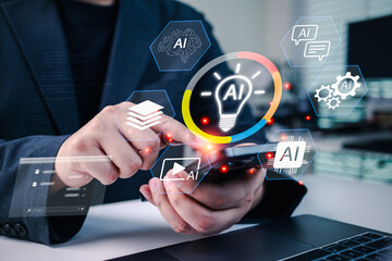AI innovation and digital intelligence concept with businessman using smartphone and virtual AI interface, highlighting smart technology, automation, and data solutions for business strategy.