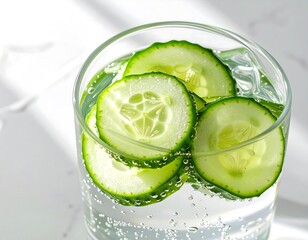 Fresh Cucumber Slices in Clear Glass of Sparkling Water on White Surface