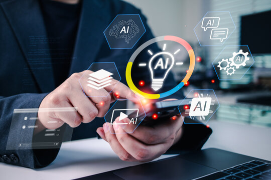 AI innovation and digital intelligence concept with businessman using smartphone and virtual AI interface, highlighting smart technology, automation, and data solutions for business strategy.