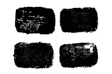 Dark grunge text boxes set. Callouts rectangles frames. Linocut rolled paint black tag. Vector handmade brayer stamp smudged texture. Rough paint decorative irregular border.