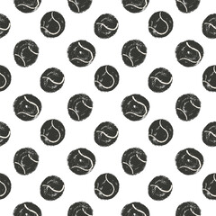 Tennis balls charcoal seamless pattern. Padel tennis ball shot endless background. Sport polka dots repeat cover. Surface pattern fitness design motif. Vector hand drawn monochrome illustration.