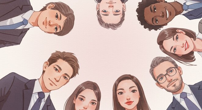 Diverse group of business professionals in suits forming a circle, teamwork and collaboration concept illustration with mixed gender and ethnicities