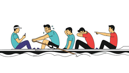A rowing team struggles in unison with one member distracted by a mobile phone while others exert effort and show fatigue.