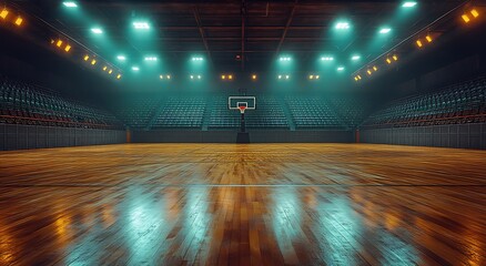Empty basketball court with bright lights and wooden floor reflections arena stadium