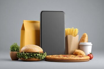 Virtual food ordering prompts smartphone delivery surrounded by various meals on a simple background displaying popular options including pizza, burgers, and drinks