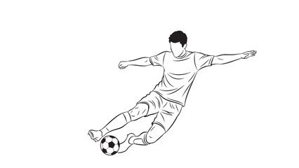 Fototapeta premium A dynamic line drawing depicts a soccer player in mid-air, skillfully kicking a ball with his left foot during a game.
