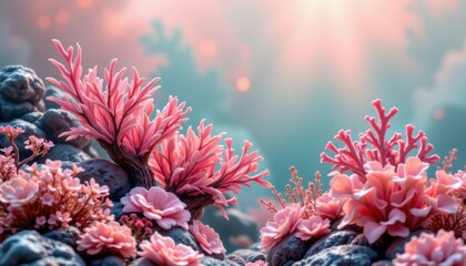 soft coral reef theme with pastel coral with mint green, dreamy pastel reef transition, subtle glowing mist, soft focus coral mist, peaceful and oceanic