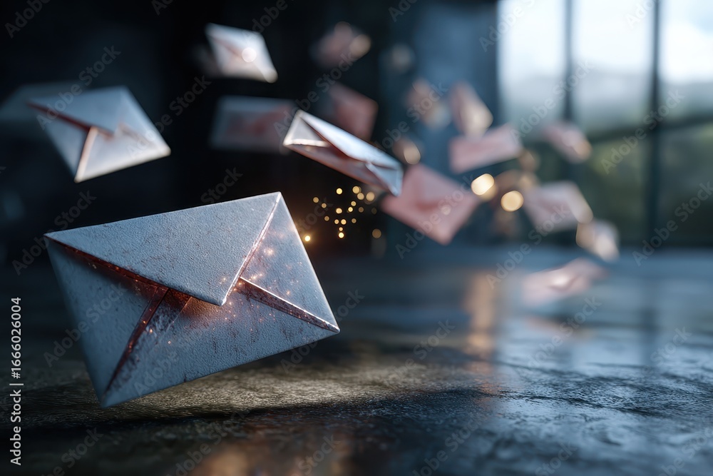 Poster mail communication envelopes flying through a modern workspace during daylight with a scenic backgro
